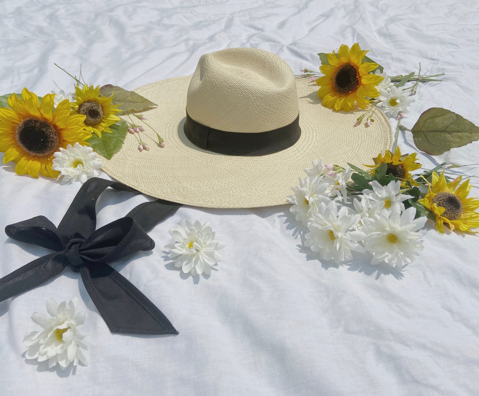 Natural Straw Sun Hat With Sunflowers & Green Band